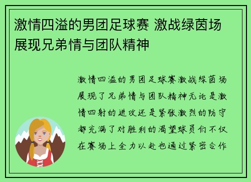 激情四溢的男团足球赛 激战绿茵场 展现兄弟情与团队精神