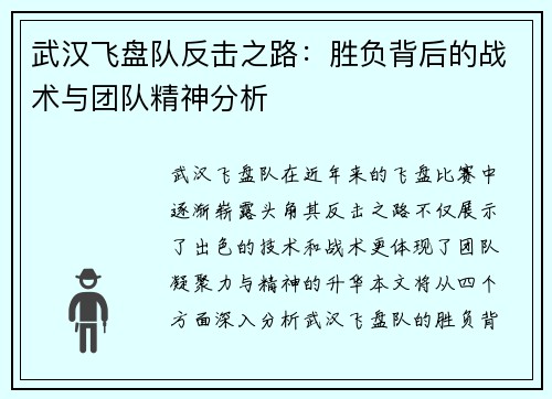 武汉飞盘队反击之路：胜负背后的战术与团队精神分析